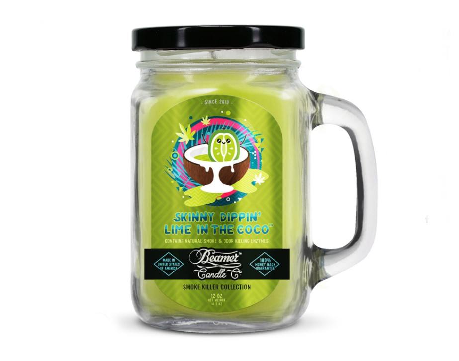Smoke Killer illatgyertya üvegedényben, füllel és fém kupakkal – Skinny Dippin’ Lime in the Coco - nagy